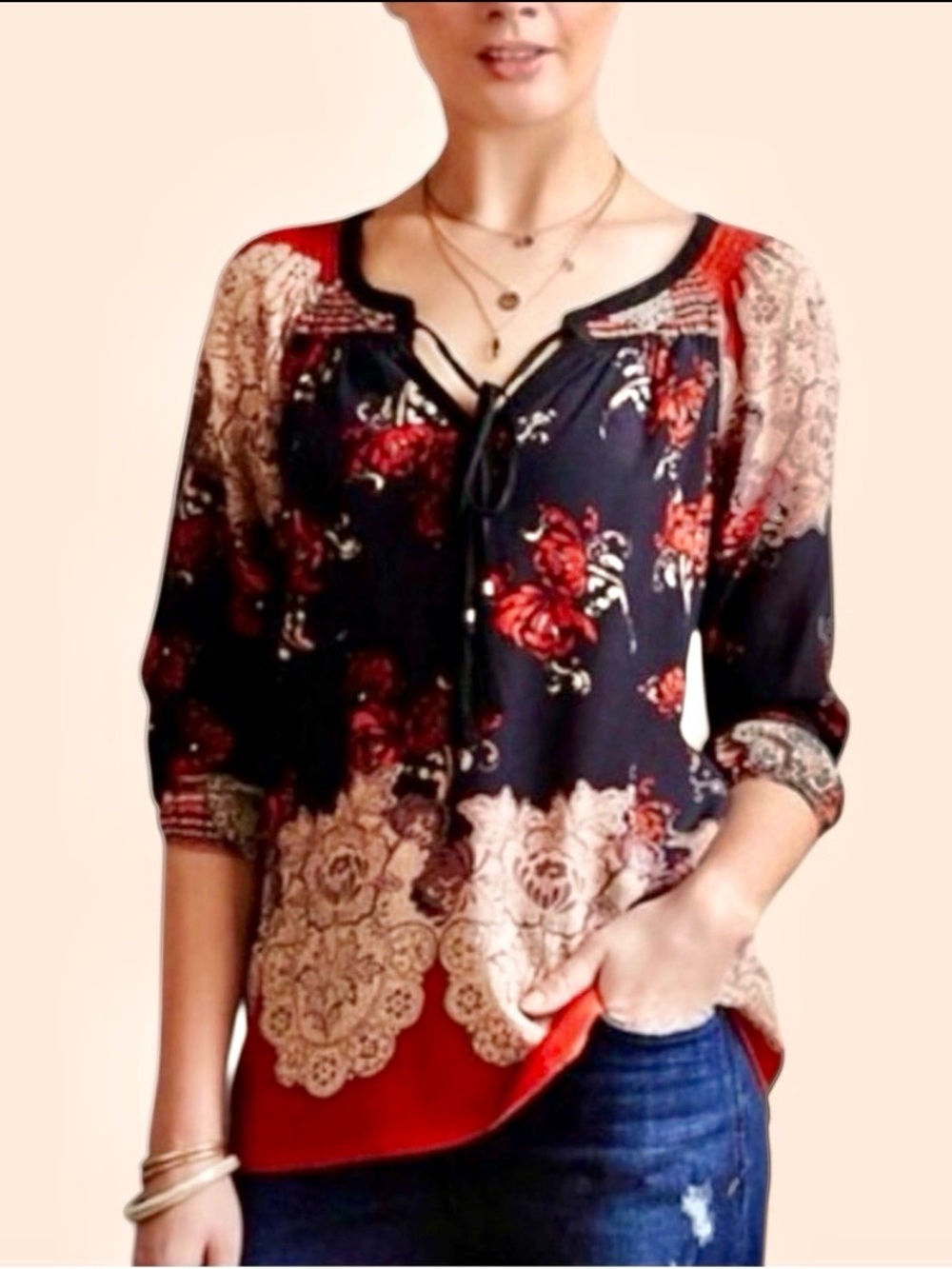Anthropologie Meadow Rue 100% Silk Tunic Blouse Small Navy Orange Boho Revival